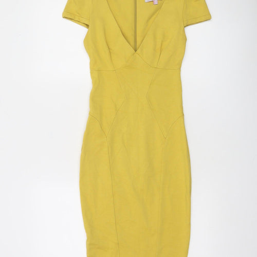 ASOS Petite Yellow Bodycon V-Neck Stretchy Short Sleeve Dress UK 8
