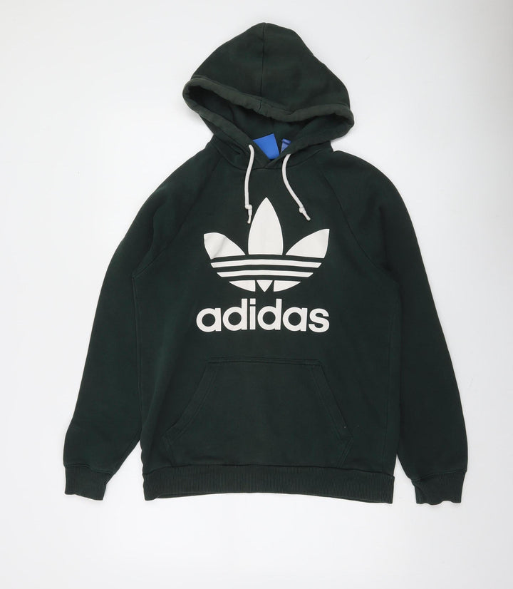 Adidas Mens Green Pullover Hoodie Small Logo Graphic Fleece