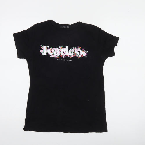 Stradivarius Women’s Black Floral Fearless Cotton T-Shirt Size 8