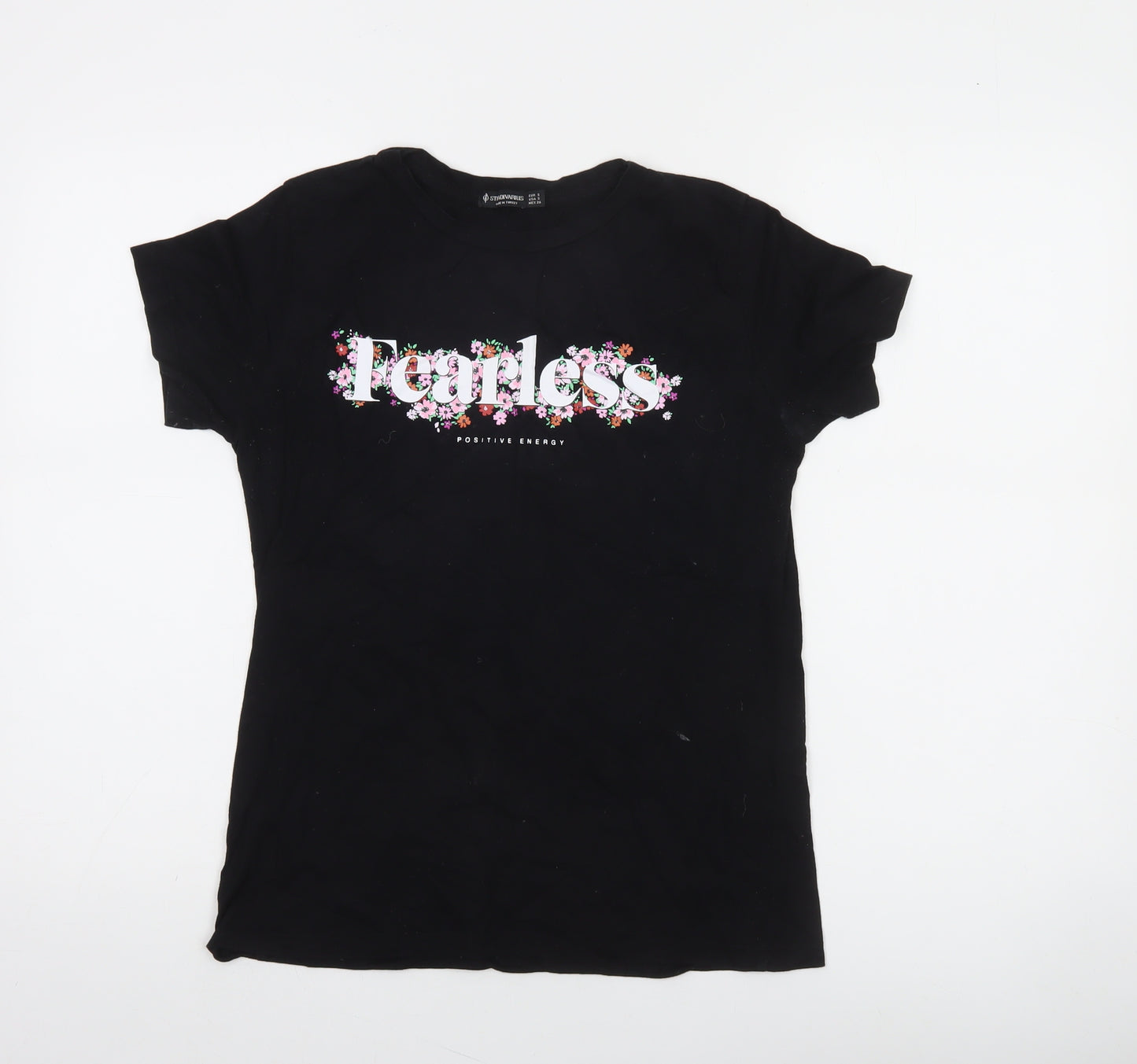 Stradivarius Women’s Black Floral Fearless Cotton T-Shirt Size 8