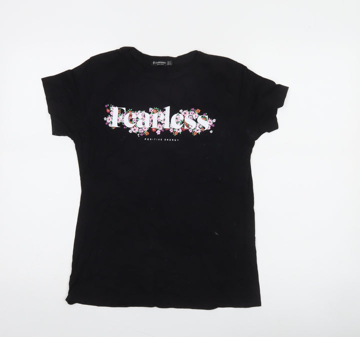 Stradivarius Women’s Black Floral Fearless Cotton T-Shirt Size 8