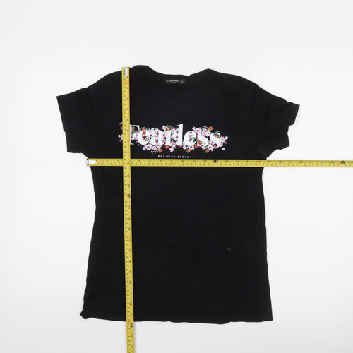 Stradivarius Women’s Black Floral Fearless Cotton T-Shirt Size 8