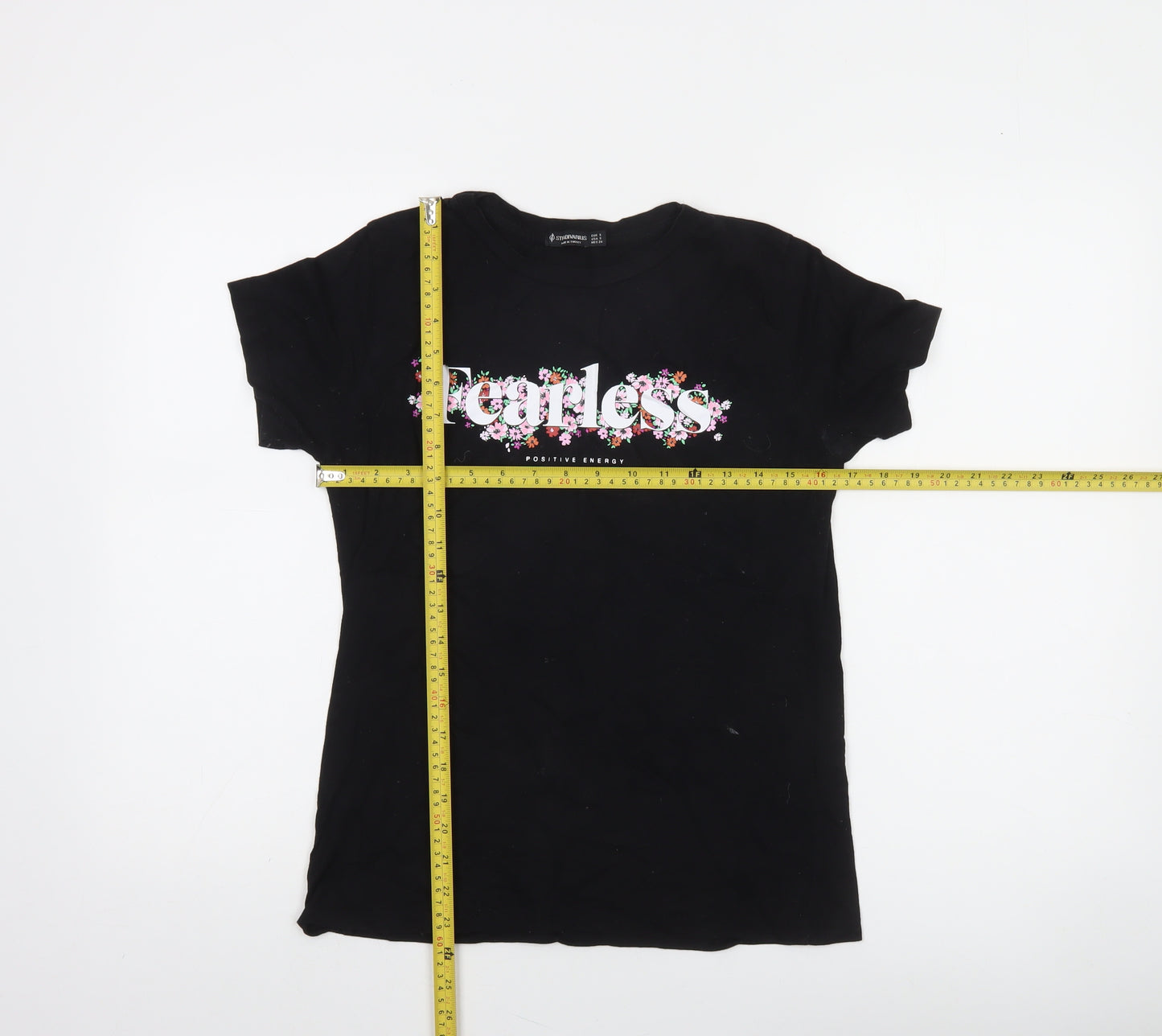 Stradivarius Women’s Black Floral Fearless Cotton T-Shirt Size 8