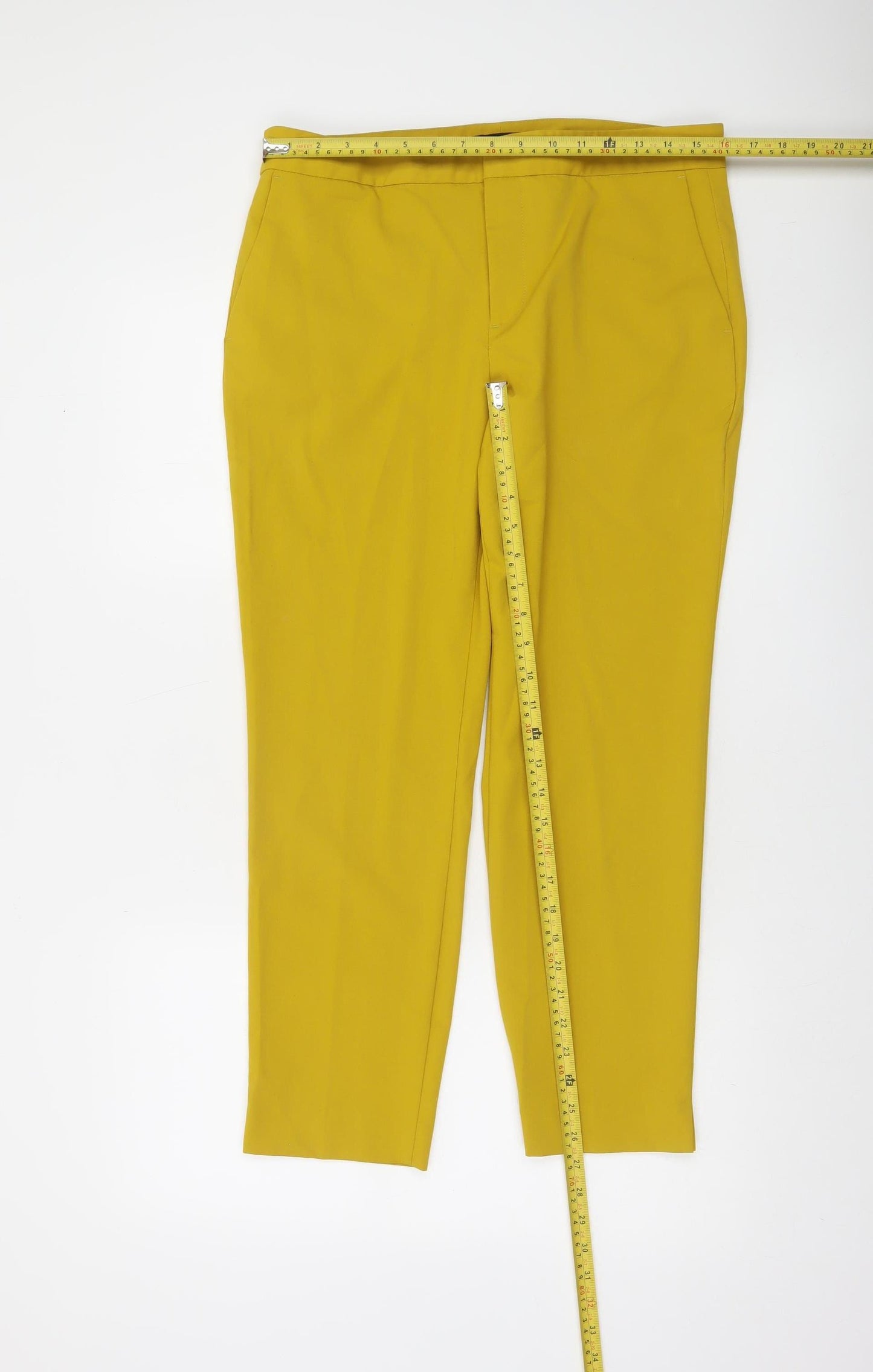 Zara Women Yellow Slim Cropped Trousers Size 12 Stretch Workwear