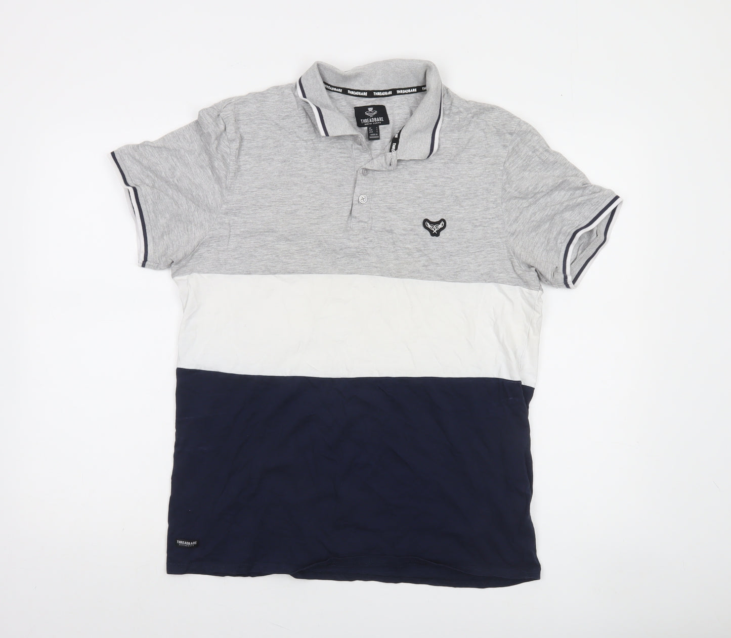 Threadbare Men's Grey Colourblock Polo Shirt Size L Cotton Blend