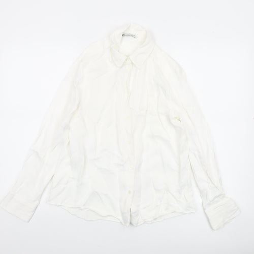 Zara Women White Long Sleeve Collared Button-Up Shirt Size 12