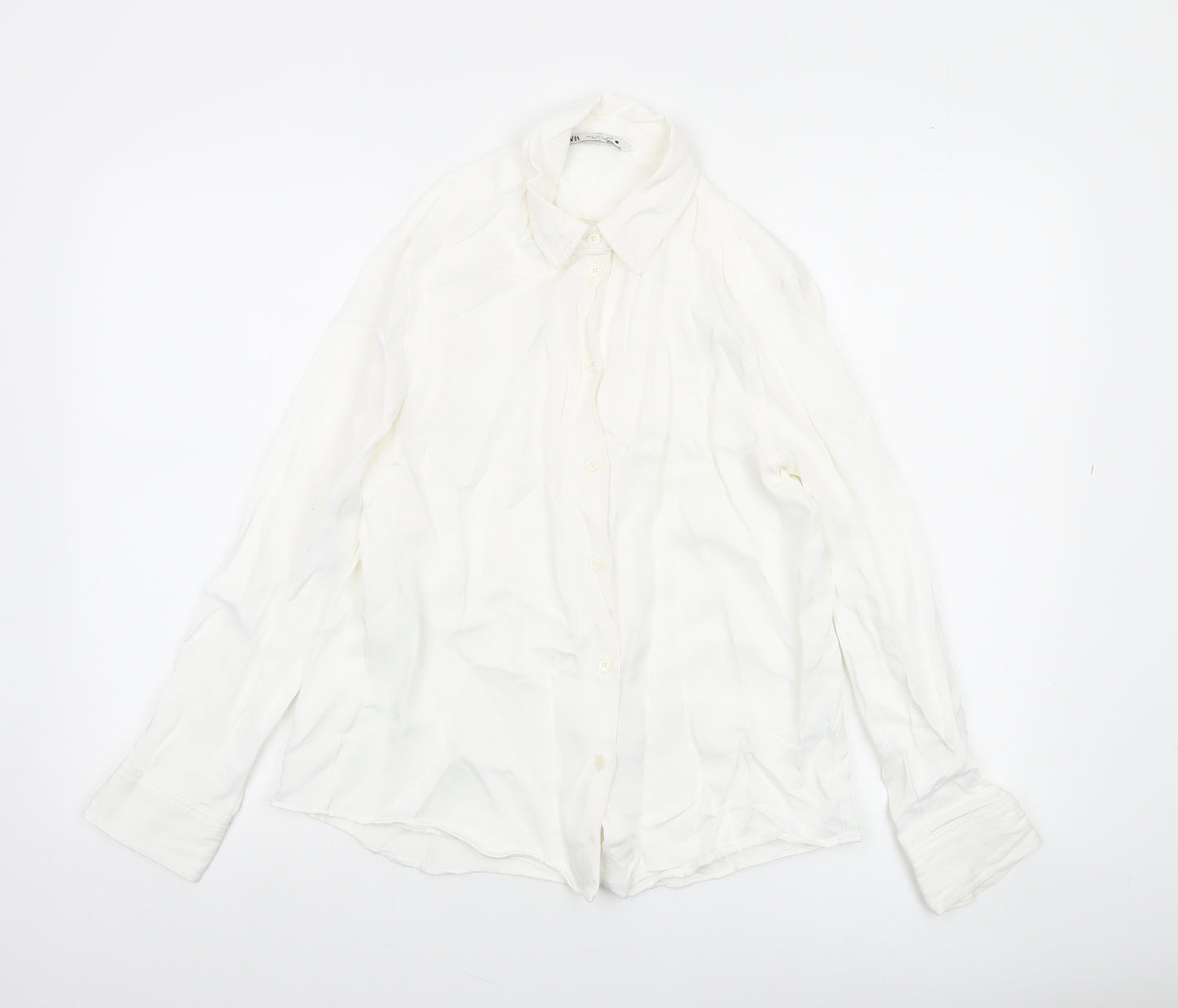 Zara Women White Long Sleeve Collared Button-Up Shirt Size 12