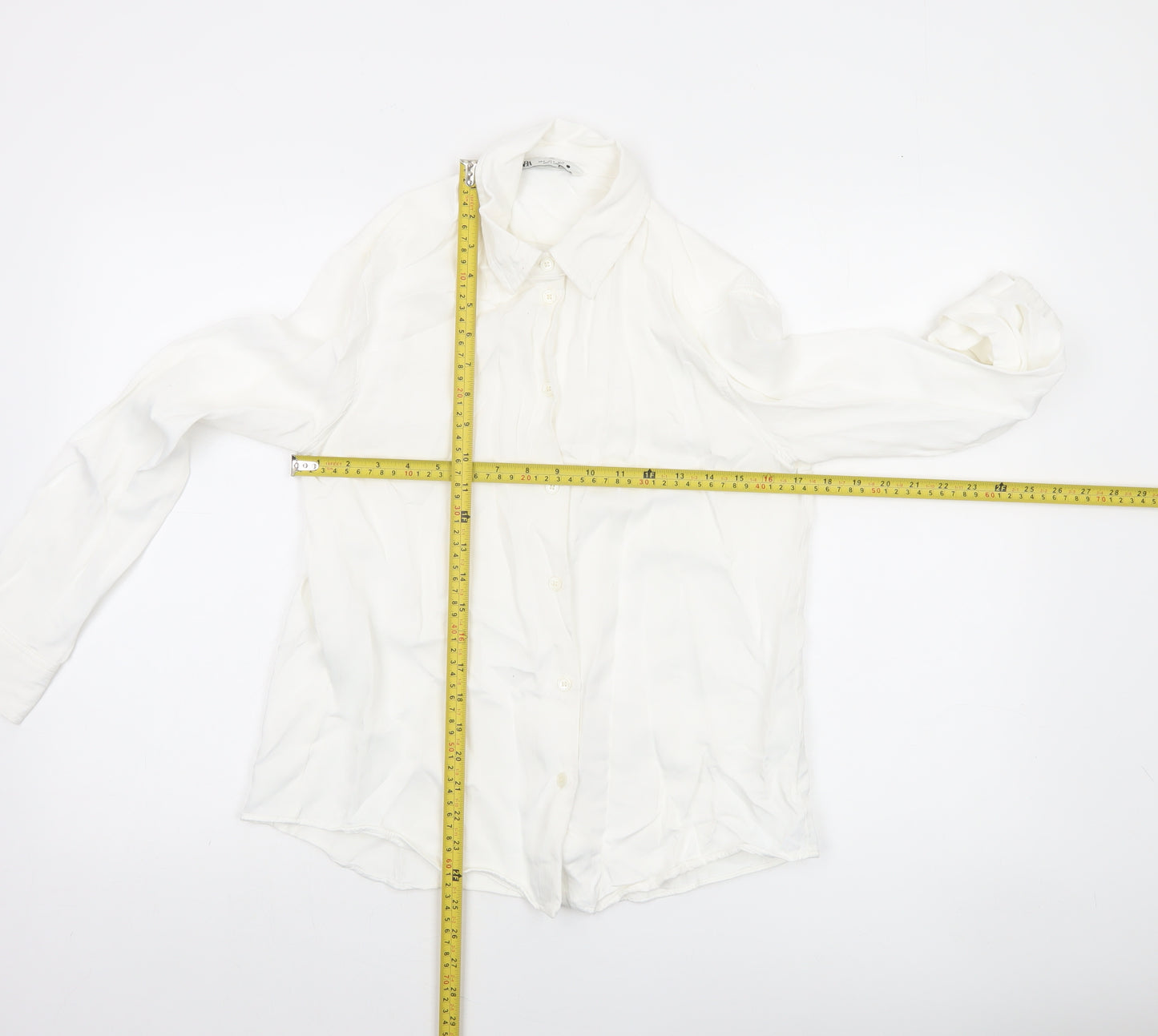 Zara Women White Long Sleeve Collared Button-Up Shirt Size 12