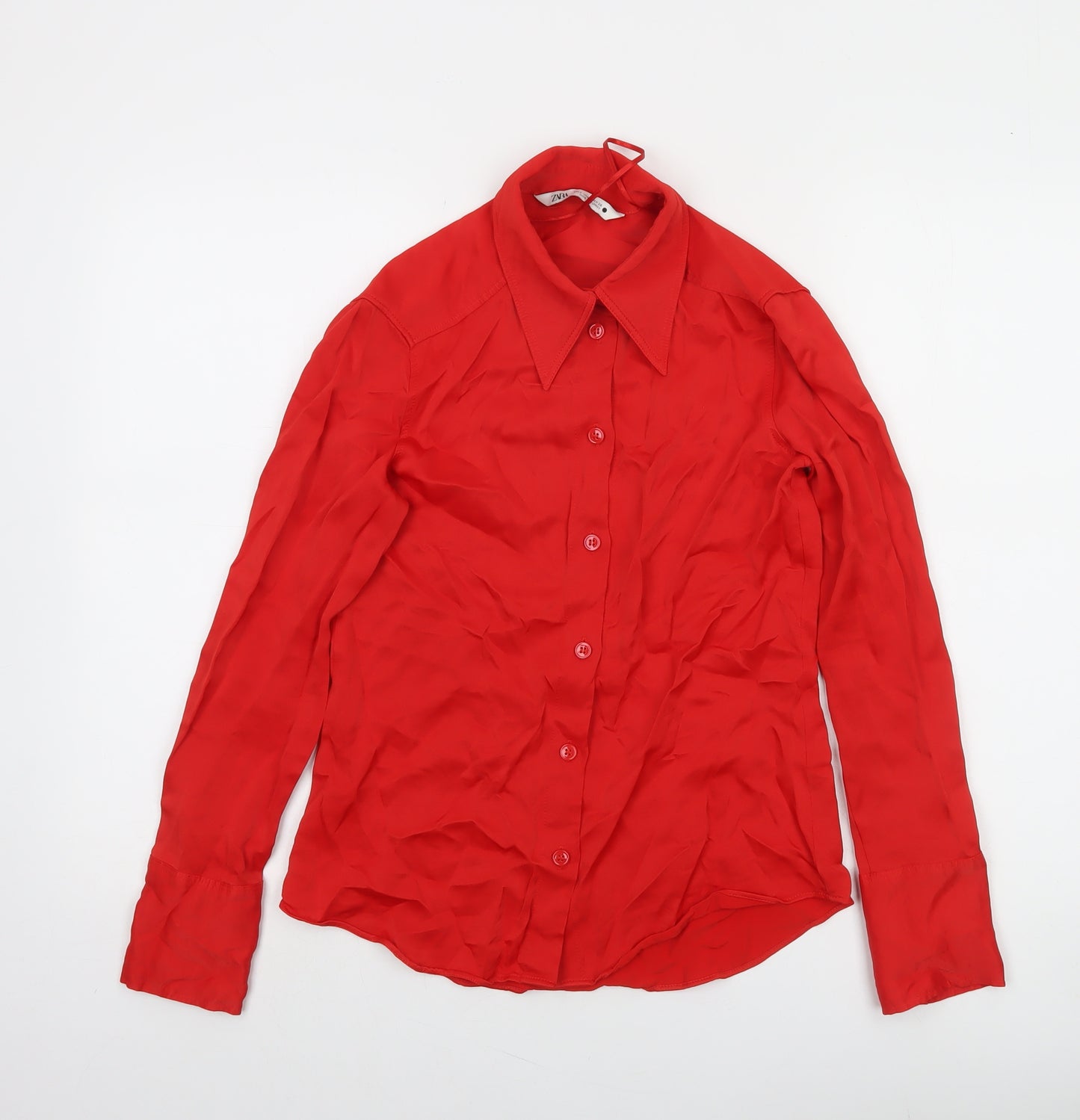 Zara Women Red Collared Button-Up Long Sleeve Shirt S