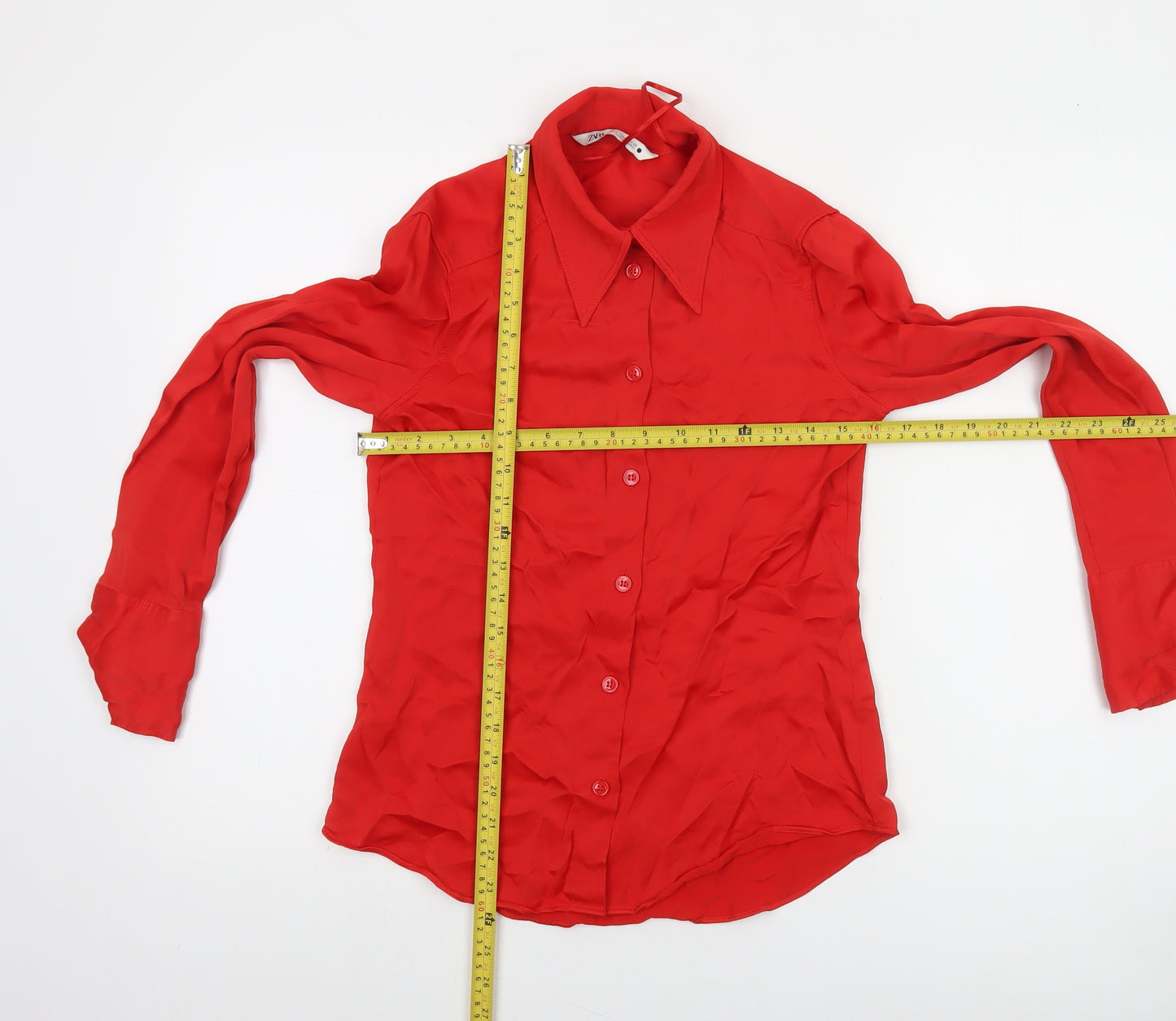 Zara Women Red Collared Button-Up Long Sleeve Shirt S