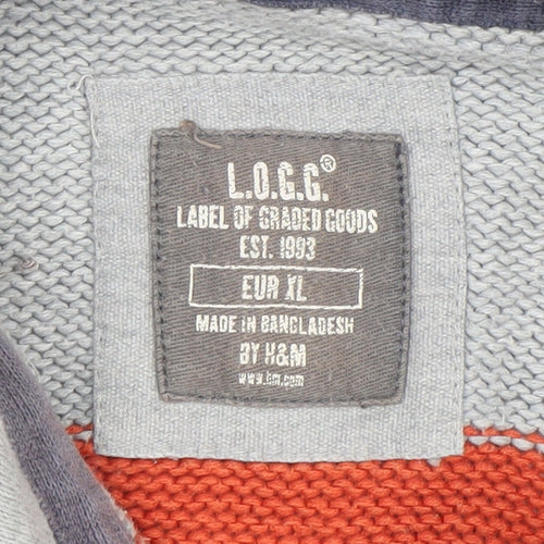 H&M Men’s Grey Orange Striped Knit Pullover Hoodie XL