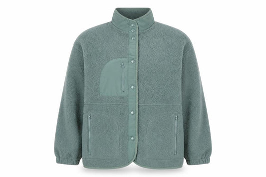 Front view of Dames Stores women’s green fleece jacket, size UK 14, relaxed fit warm zip pockets
