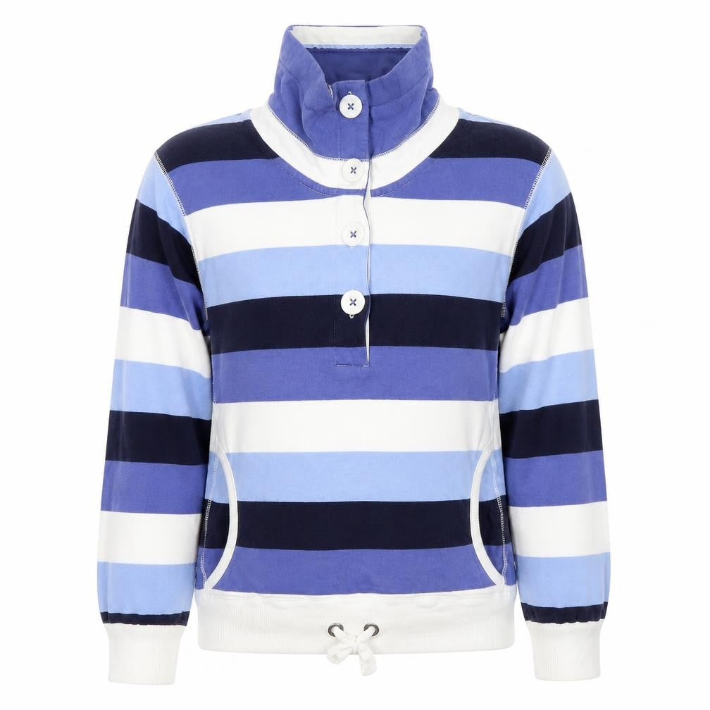 Front view of Marks & Spencer women’s blue striped henley sweatshirt uk 12