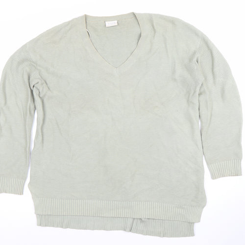 Vila Women Green Cotton V-Neck Long Sleeve Pullover Jumper L