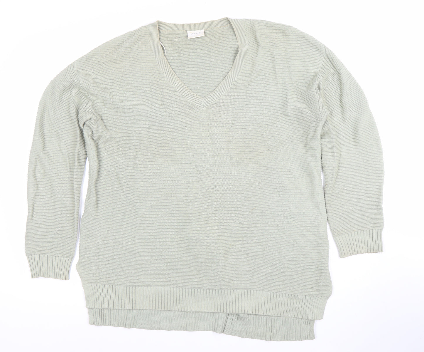 Vila Women Green Cotton V-Neck Long Sleeve Pullover Jumper L