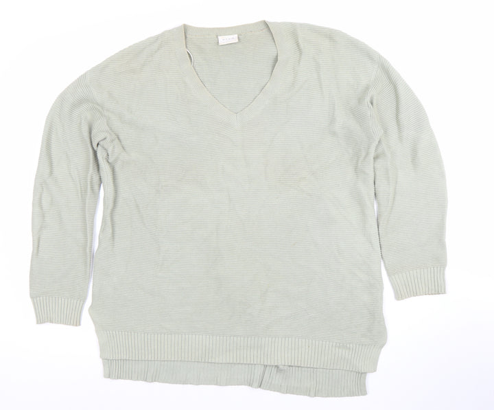 Vila Women Green Cotton V-Neck Long Sleeve Pullover Jumper L