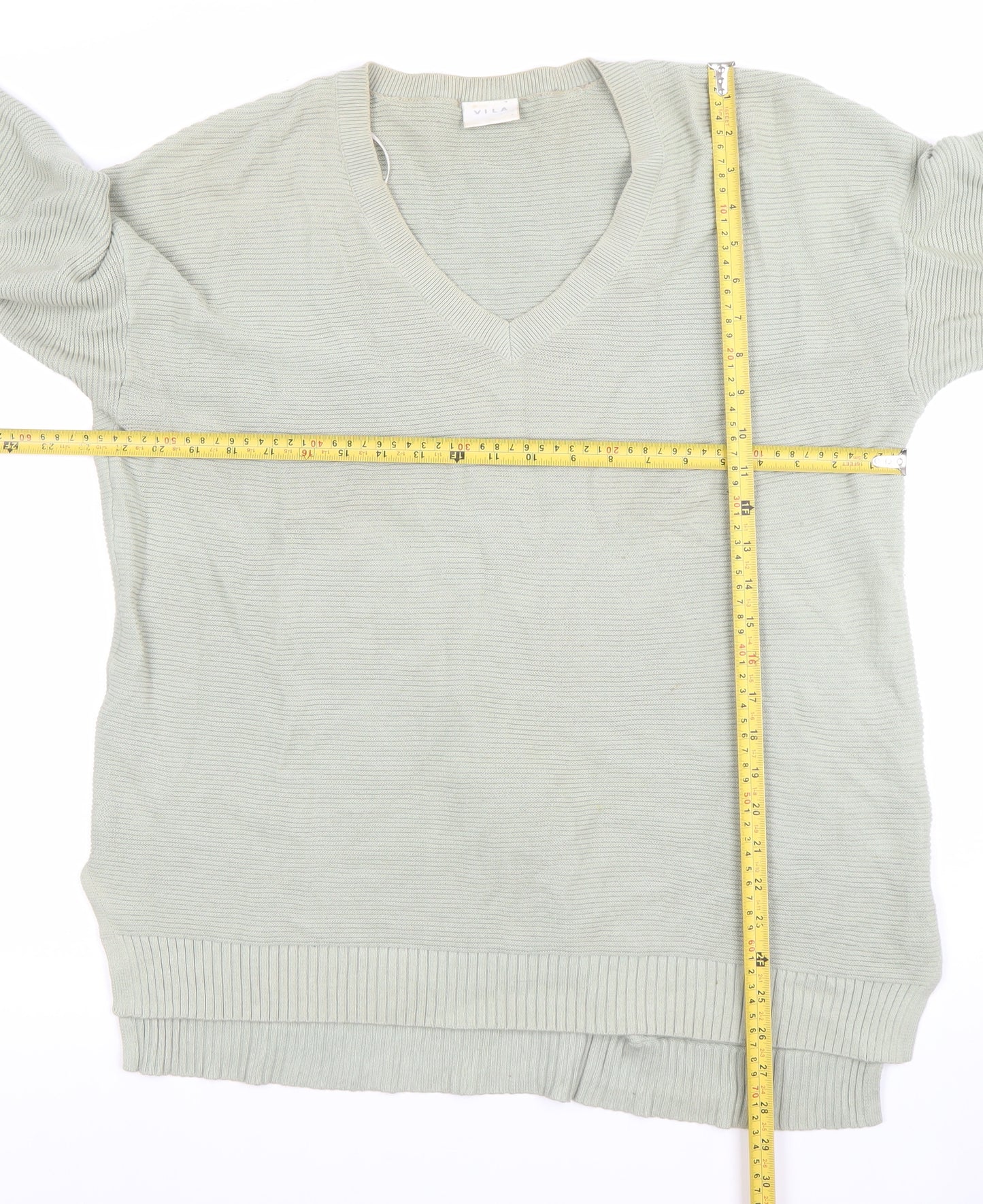 Vila Women Green Cotton V-Neck Long Sleeve Pullover Jumper L