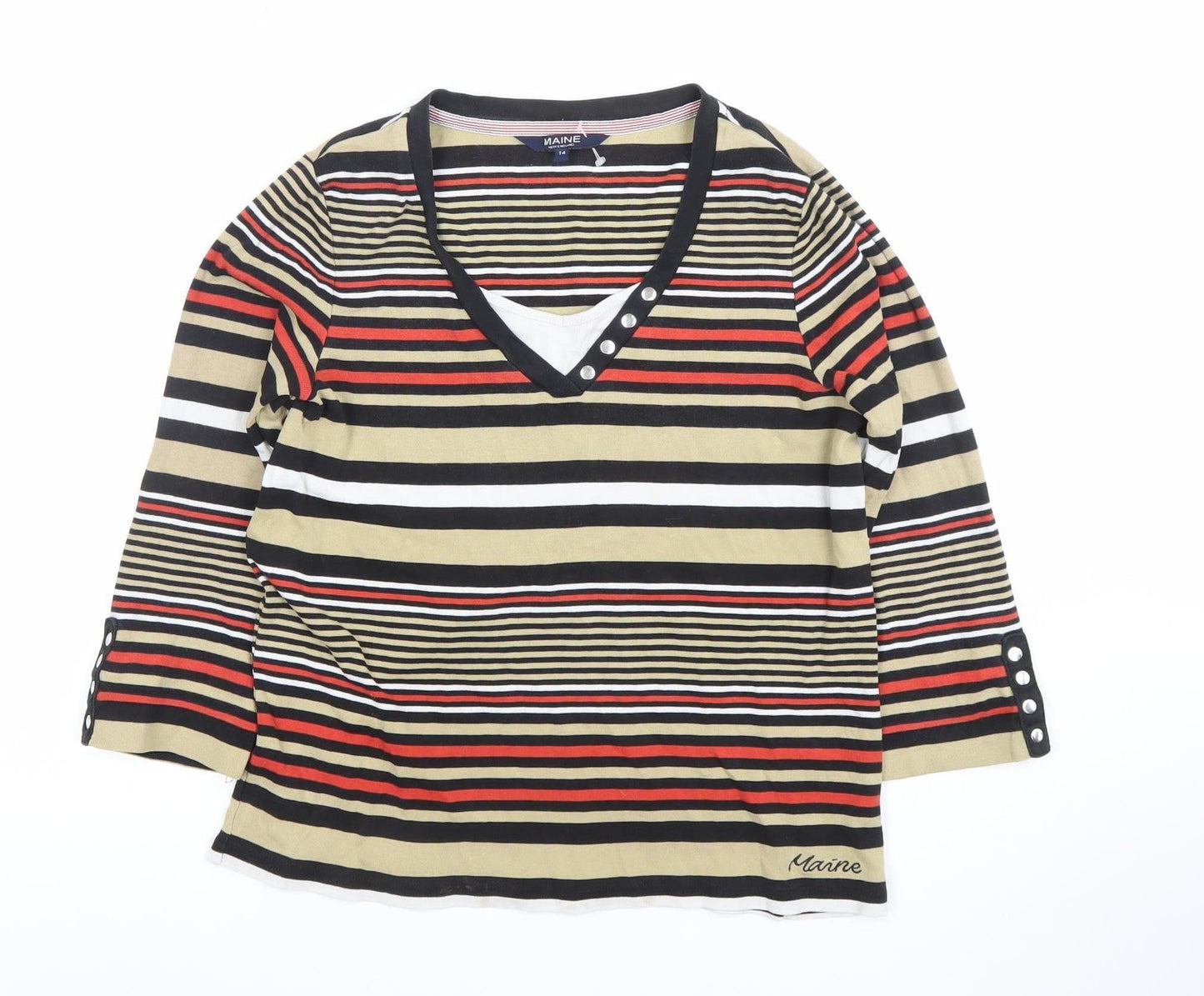 Maine New England Women's Multicoloured Striped V-Neck 3/4 Sleeve Top Size 14
