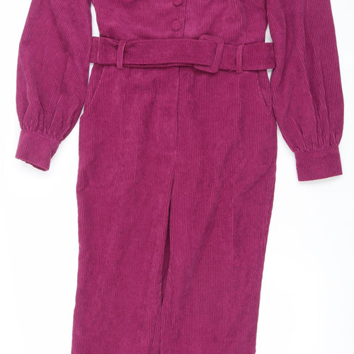 Fashion Union Women Purple Corduroy Belted Long Sleeve Jumpsuit UK 8