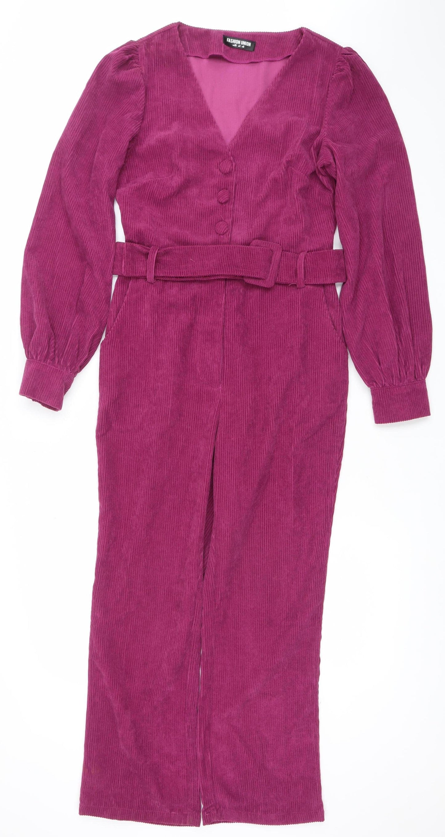 Fashion Union Women Purple Corduroy Belted Long Sleeve Jumpsuit UK 8