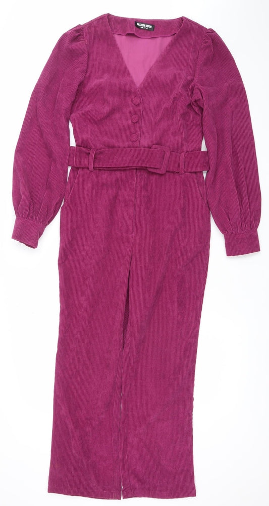 Fashion Union Women Purple Corduroy Belted Long Sleeve Jumpsuit UK 8
