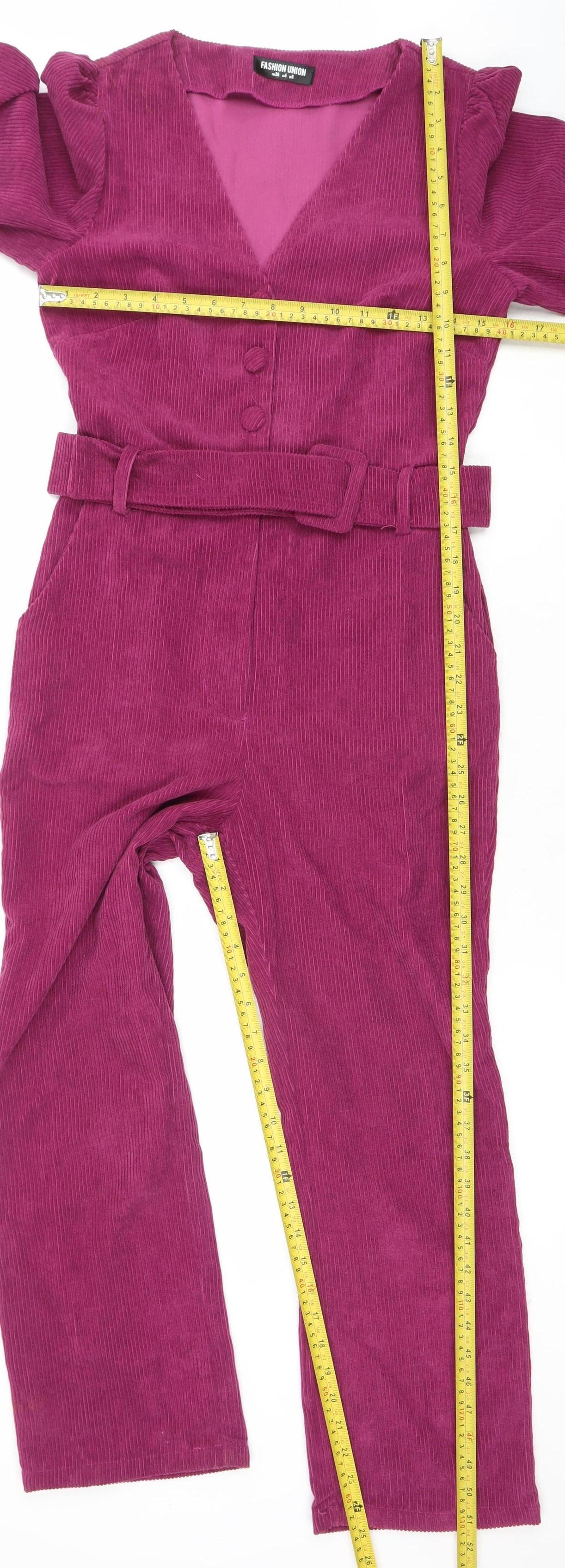 Fashion Union Women Purple Corduroy Belted Long Sleeve Jumpsuit UK 8