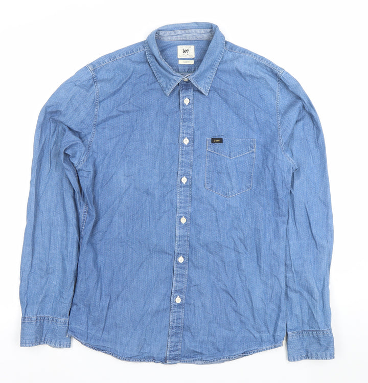 Lee Men's Blue Denim Slim Fit Long Sleeve Button-Up Shirt M