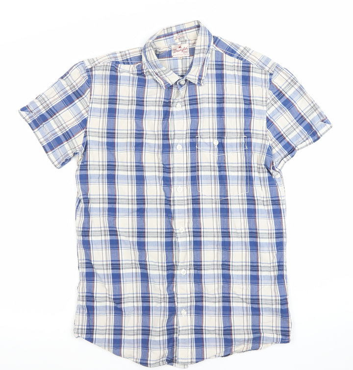 Wrangler Mens Blue Check Slim Fit Short Sleeve Cotton Shirt M