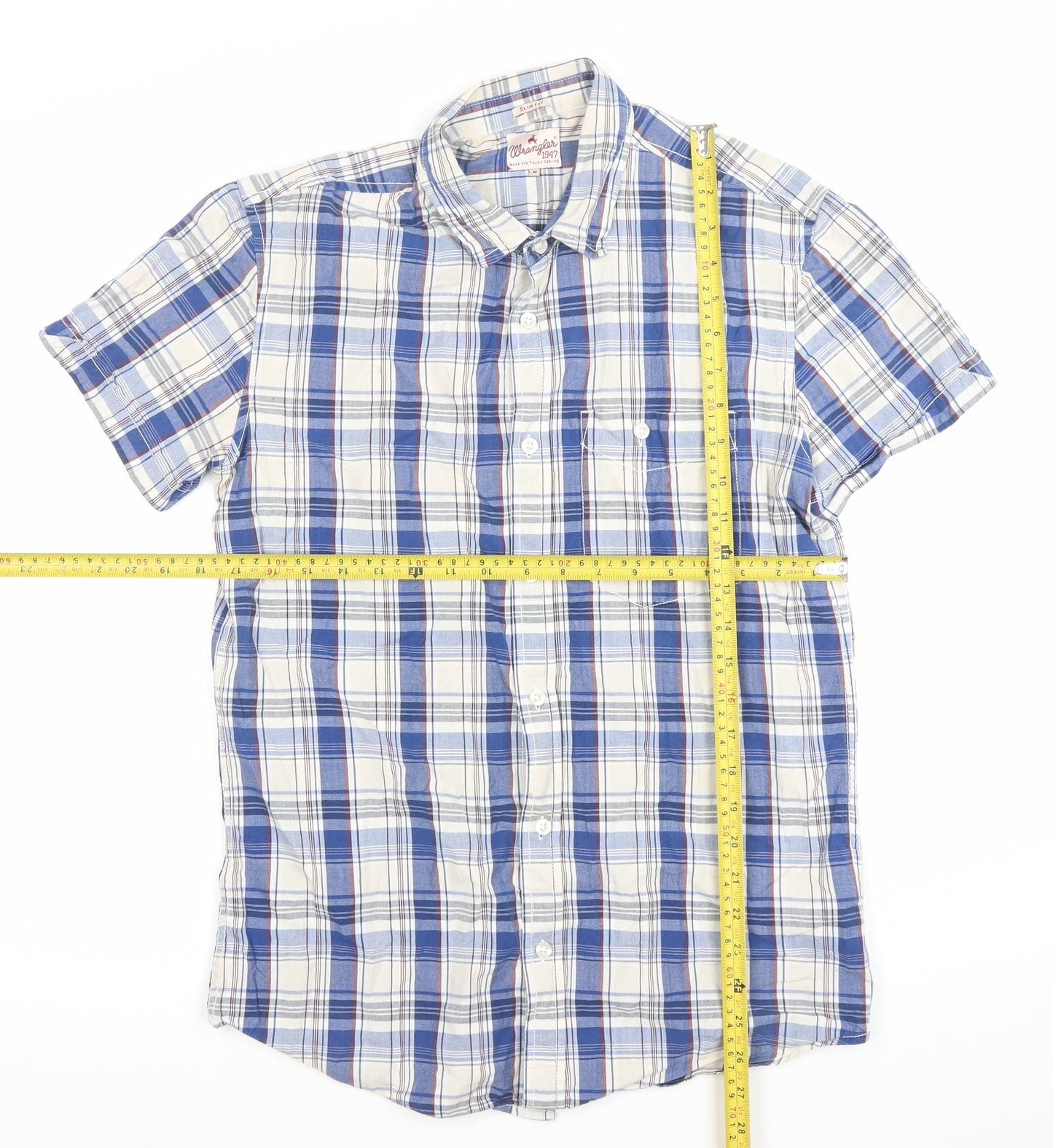 Wrangler Mens Blue Check Slim Fit Short Sleeve Cotton Shirt M