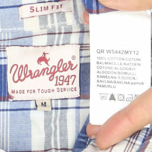 Wrangler Mens Blue Check Slim Fit Short Sleeve Cotton Shirt M