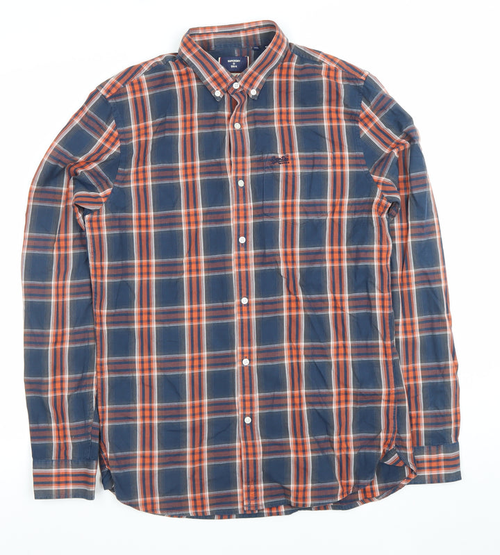 Superdry Mens Blue Check Cotton Long Sleeve Button-Down Shirt Size M