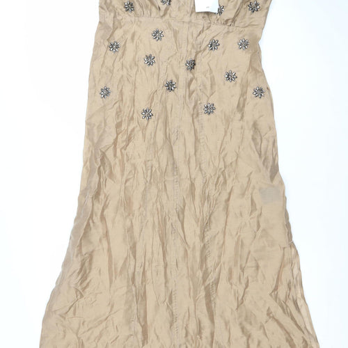 H&M Edition Women Beige Beaded Slip Midi Dress Size 8 Summer Party