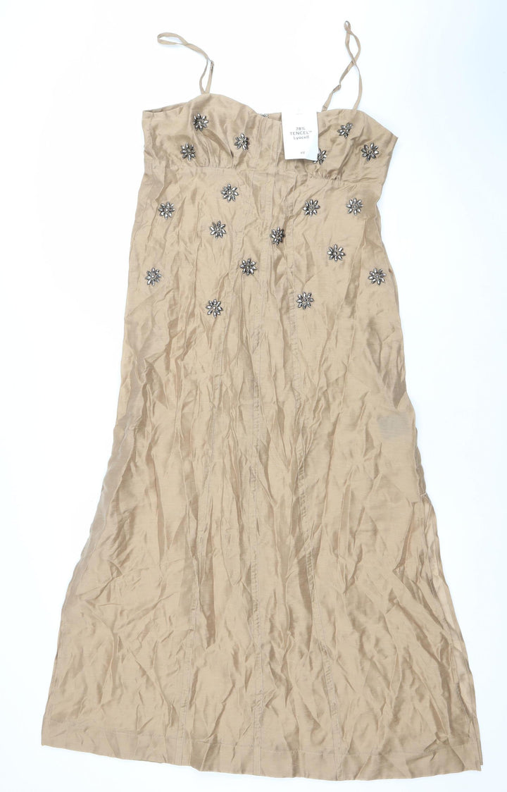 H&M Edition Women Beige Beaded Slip Midi Dress Size 8 Summer Party