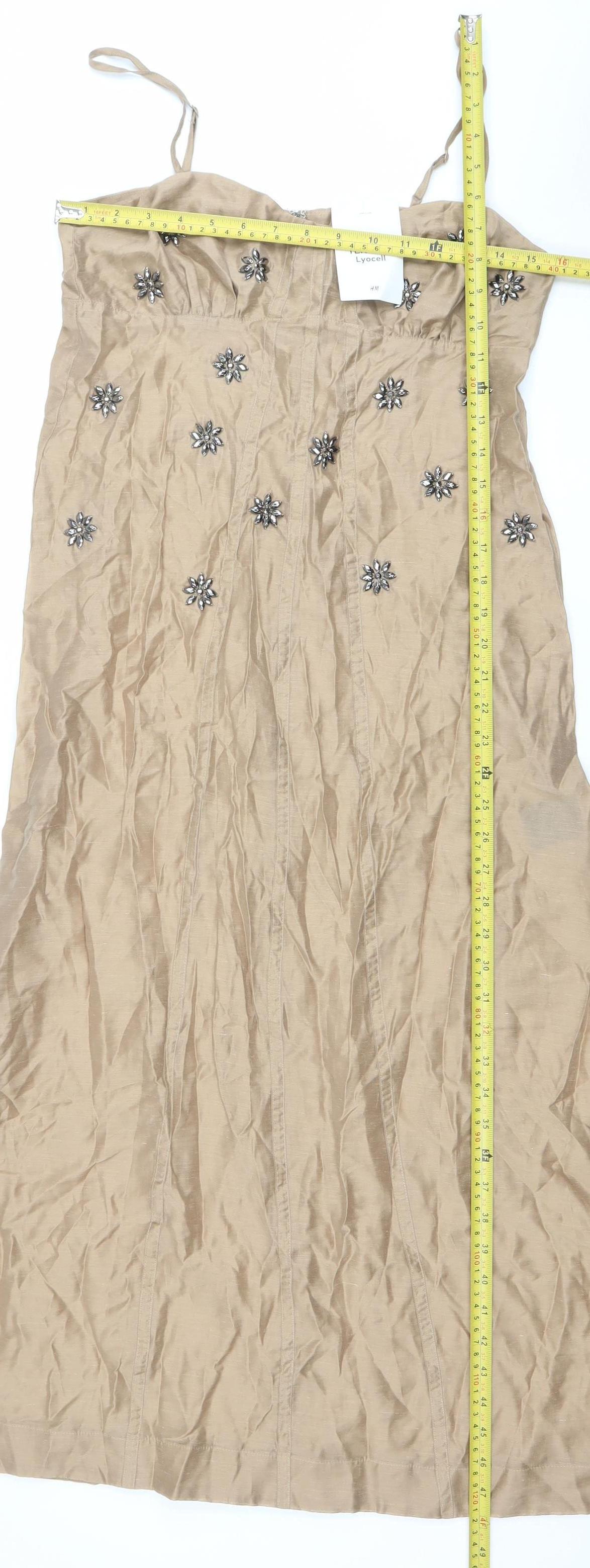 H&M Edition Women Beige Beaded Slip Midi Dress Size 8 Summer Party