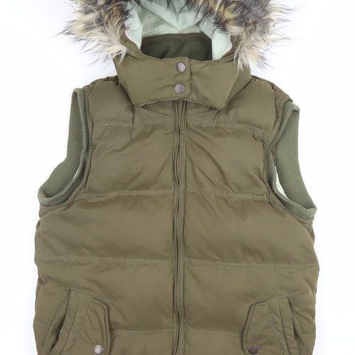 Fat Face Women's Green Faux Fur Hooded Puffer Waistcoat Size 10