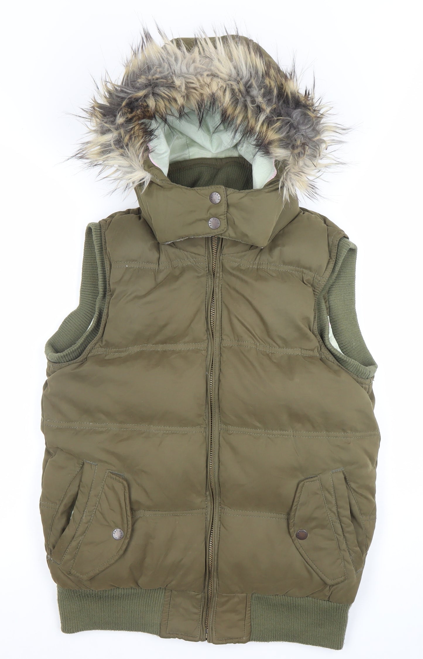 Fat Face Women's Green Faux Fur Hooded Puffer Waistcoat Size 10