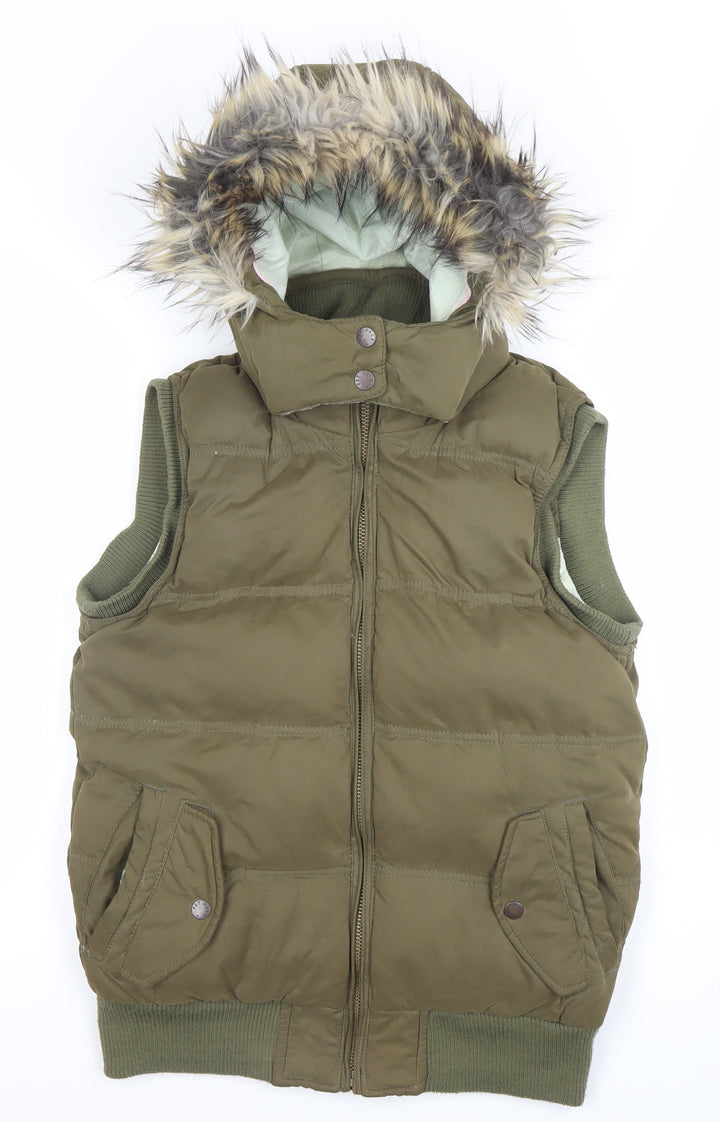 Fat Face Women's Green Faux Fur Hooded Puffer Waistcoat Size 10