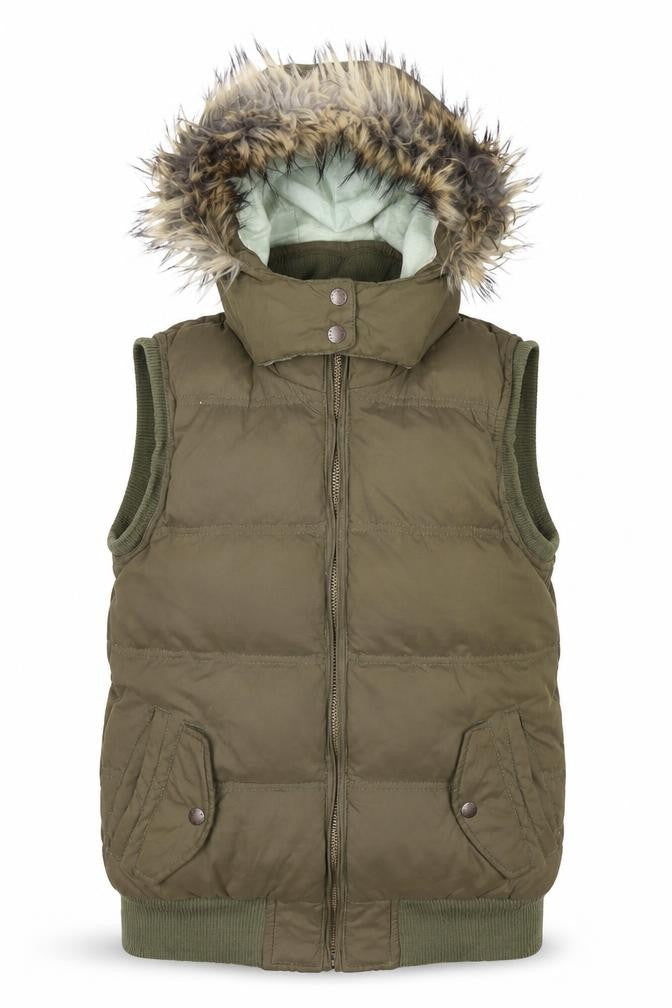 Fat Face Women's Green Faux Fur Hooded Puffer Waistcoat Size 10