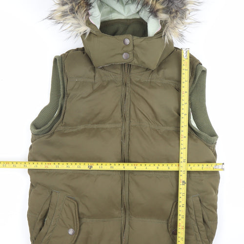 Fat Face Women's Green Faux Fur Hooded Puffer Waistcoat Size 10