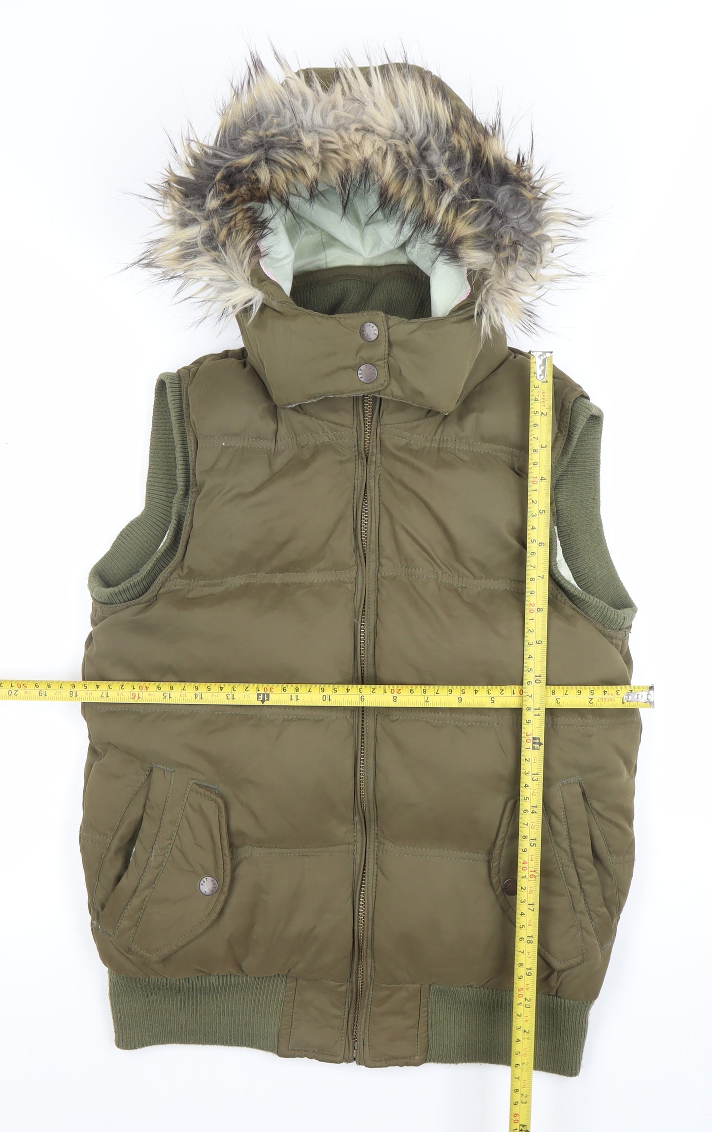 Fat Face Women's Green Faux Fur Hooded Puffer Waistcoat Size 10