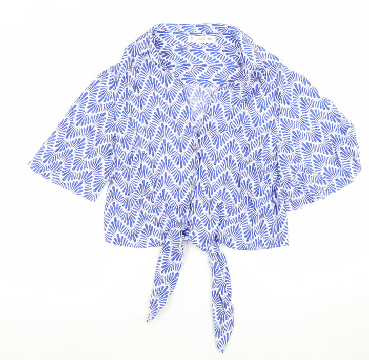 MNG Women's Blue Geometric Cropped Tie Blouse Size 10