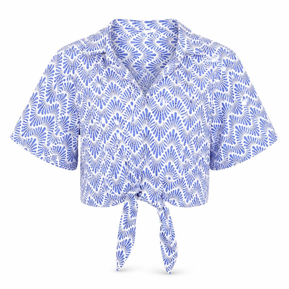 Front view of Mango Women's Blue Geometric Cropped Tie Blouse, size 10