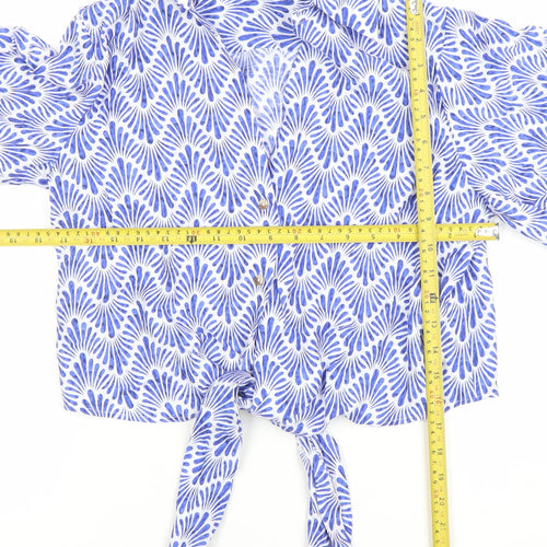 MNG Women's Blue Geometric Cropped Tie Blouse Size 10