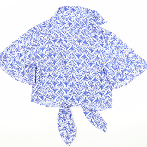MNG Women's Blue Geometric Cropped Tie Blouse Size 10