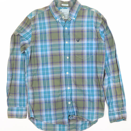 American Eagle Outfitters Men's Blue Plaid Athletic Fit Cotton Long Sleeve Button-Up Shirt M