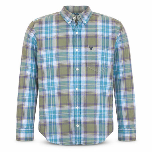 Front view of American Eagle Outfitters Men's Blue Plaid Athletic Fit Cotton Long Sleeve Button-Up Shirt M