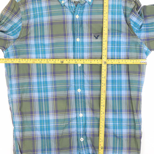 American Eagle Outfitters Men's Blue Plaid Athletic Fit Cotton Long Sleeve Button-Up Shirt M