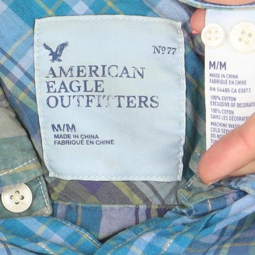 American Eagle Outfitters Men's Blue Plaid Athletic Fit Cotton Long Sleeve Button-Up Shirt M
