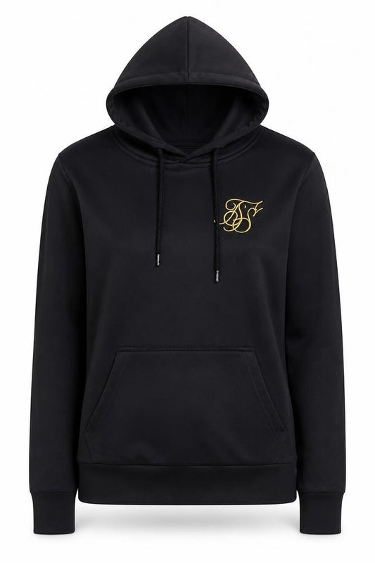 Front view of SikSilk women’s black, size UK 6, pullover hoodie with embroidered logo