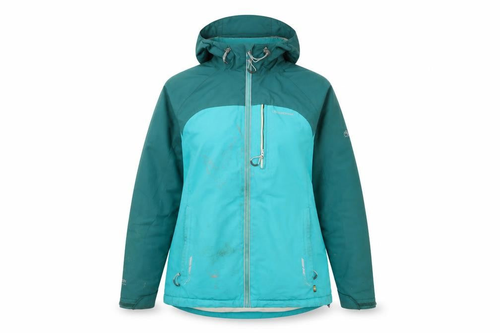 Front view of Craghoppers women’s blue waterproof hooded parka jacket, size UK 12